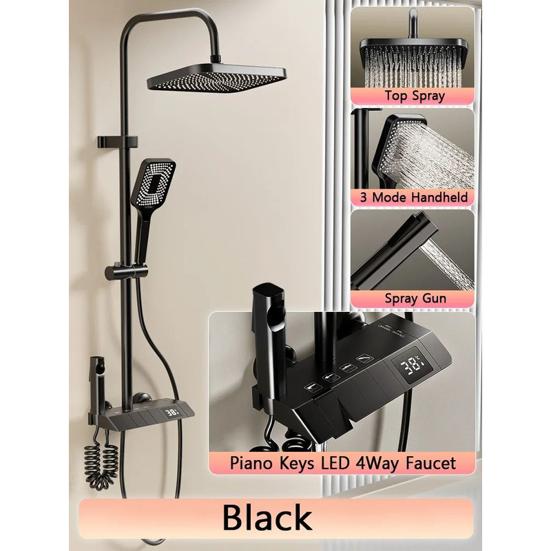 Bathroom Shower Full Set Black White Gray Rain Pressurized Digital LED Hot Cold Faucet System 6