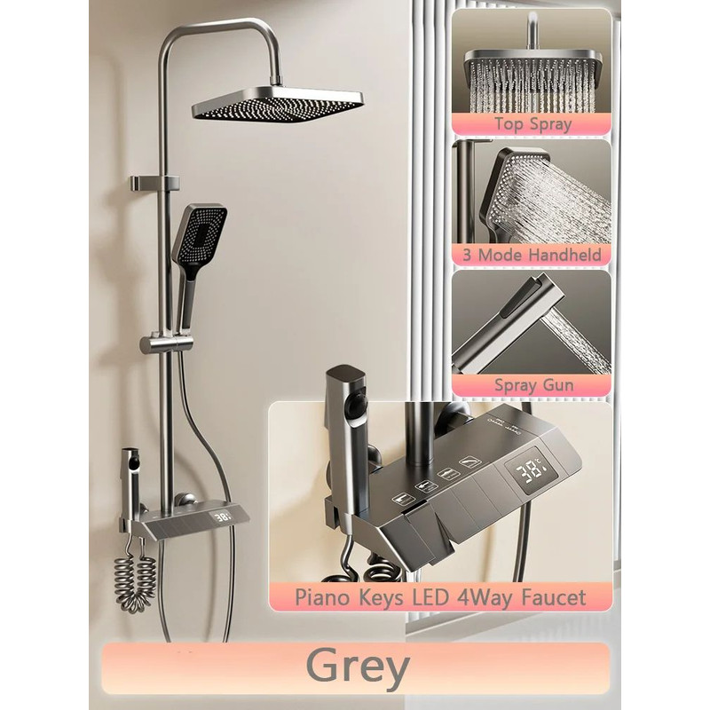 Bathroom Shower Full Set Black White Gray Rain Pressurized Digital LED Hot Cold Faucet System 7