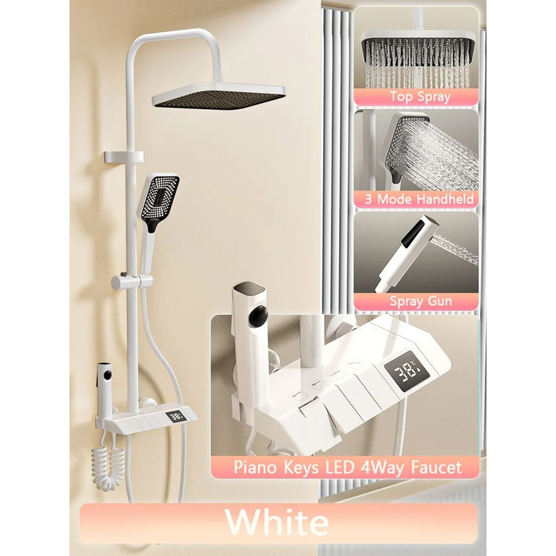 Bathroom Shower Full Set Black White Gray Rain Pressurized Digital LED Hot Cold Faucet System 8