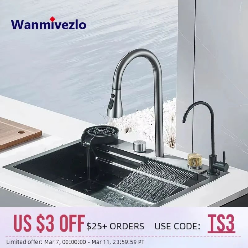Premium Stainless Steel Waterfall Kitchen Sink Large Single Basin Above Counter With Single Slot C 0