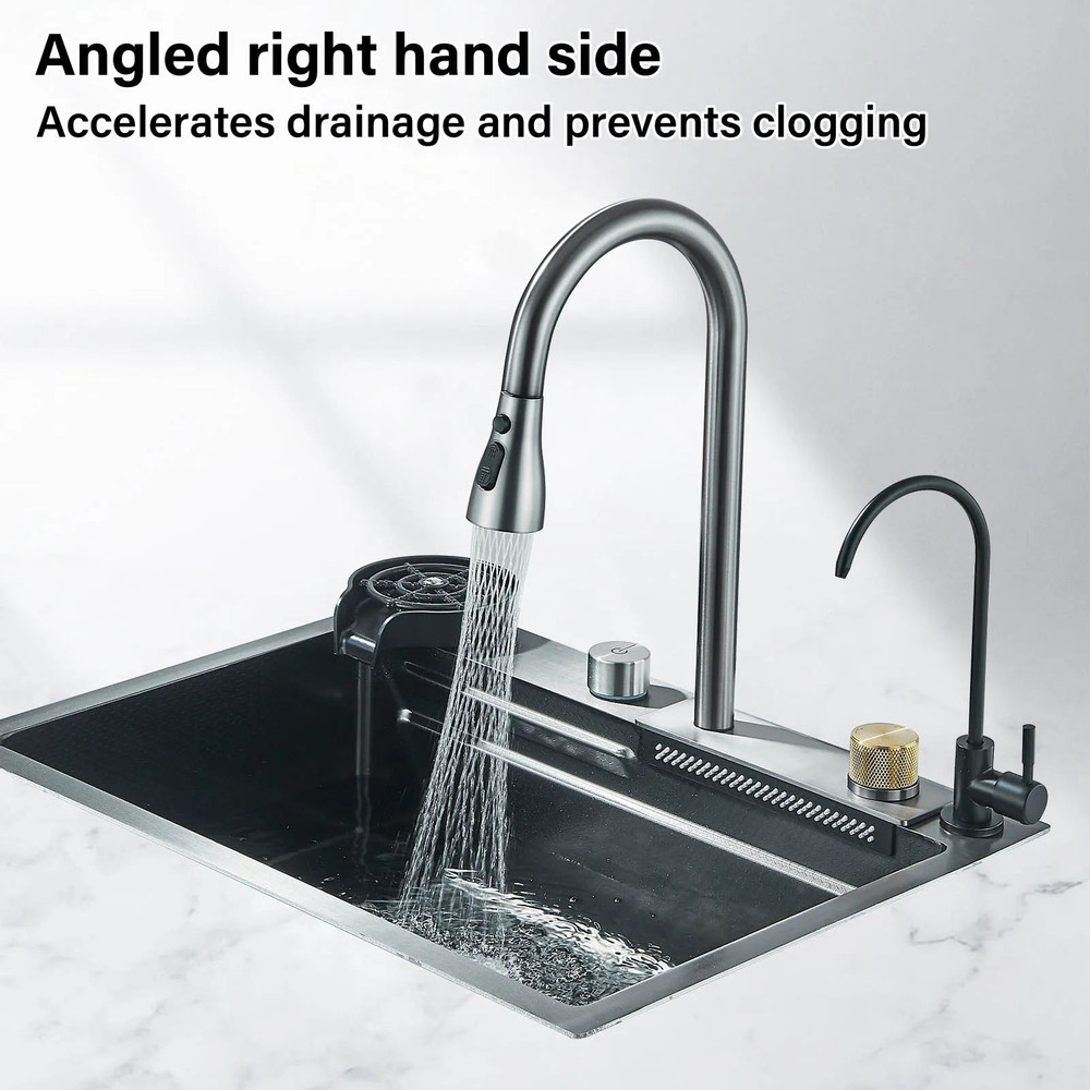 Premium Stainless Steel Waterfall Kitchen Sink Large Single Basin Above Counter With Single Slot C 3
