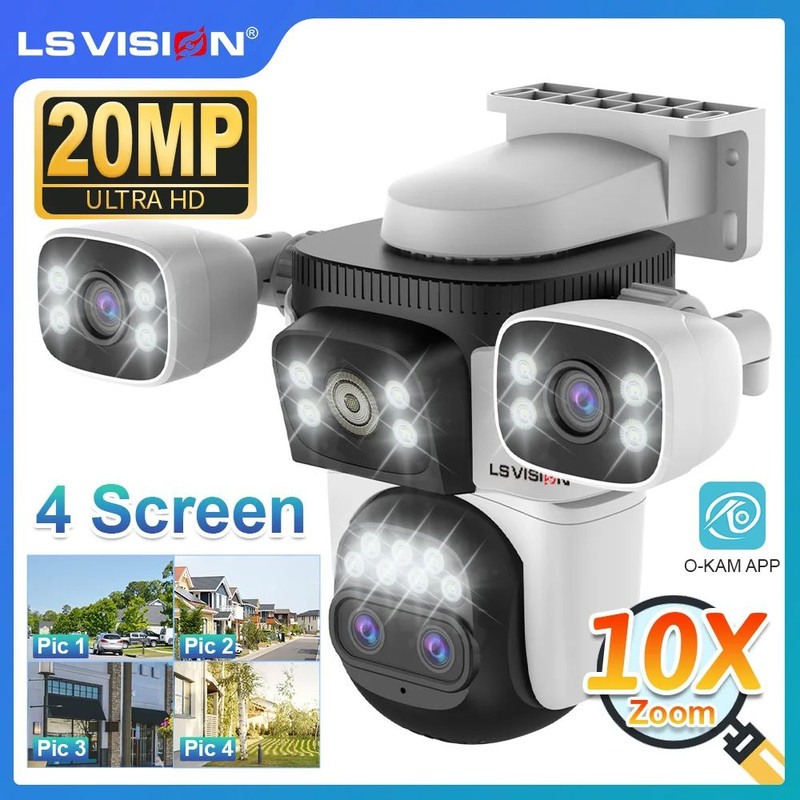Four Screens WiFi Security Camera Outdoor Optical Zoom Auto Tracking 4 Lens Waterproof Night Vision 0