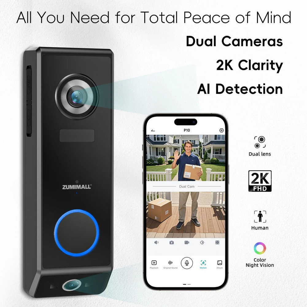 Dual Lens Video Doorbell WirelessBattery Wired Power 2K Resolution 2Way Audio Voice Changer AI Huma 0