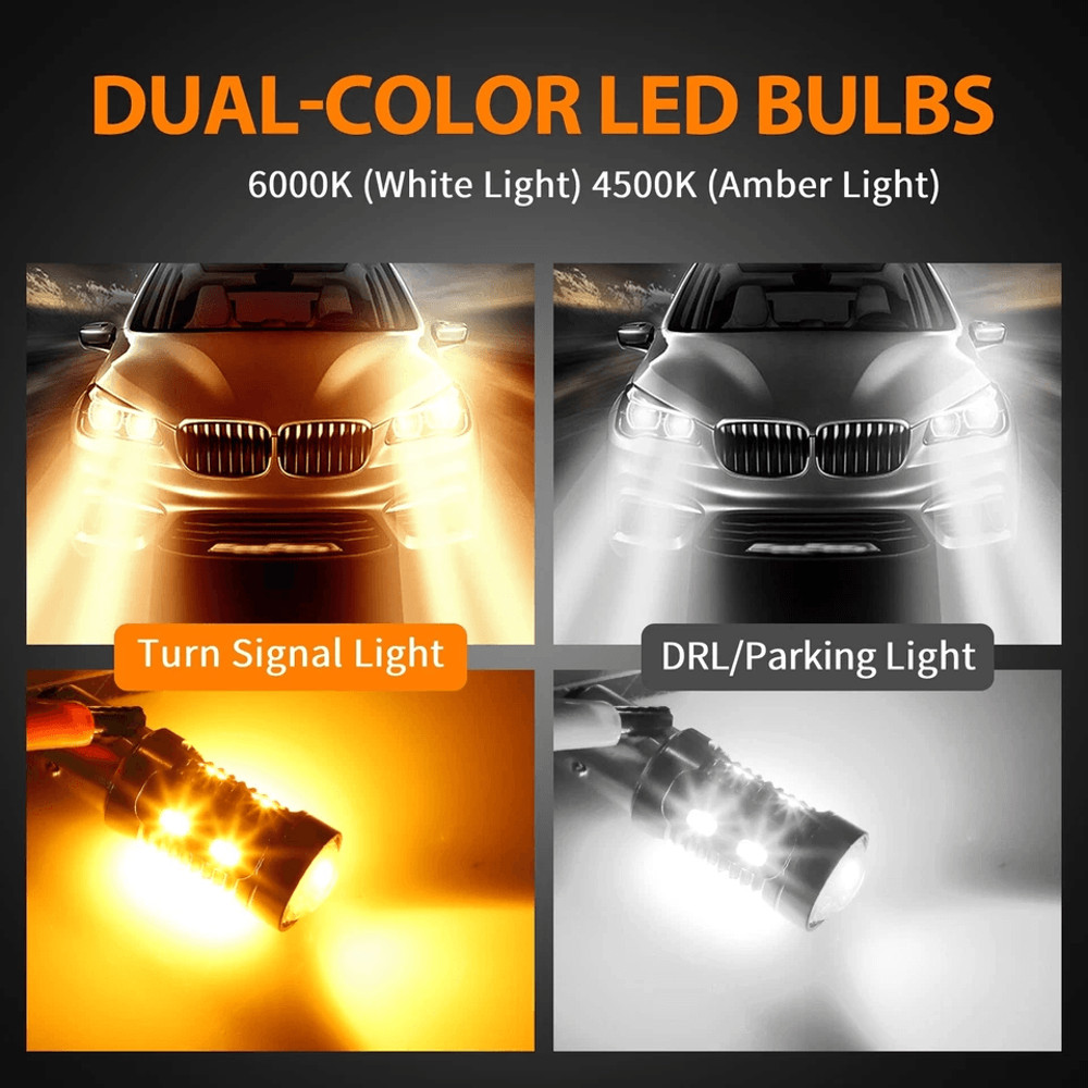 LED WhiteAmber DRL Switchback Turn Signal Parking Light Indicator Bulbs Dual Color High Visibility 1