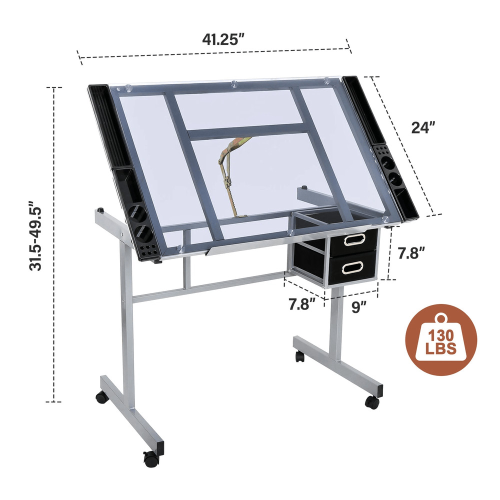 Tempered Glass Adjustable Rolling Drawing Drafting Table Professional Art Craft Work Station With 12