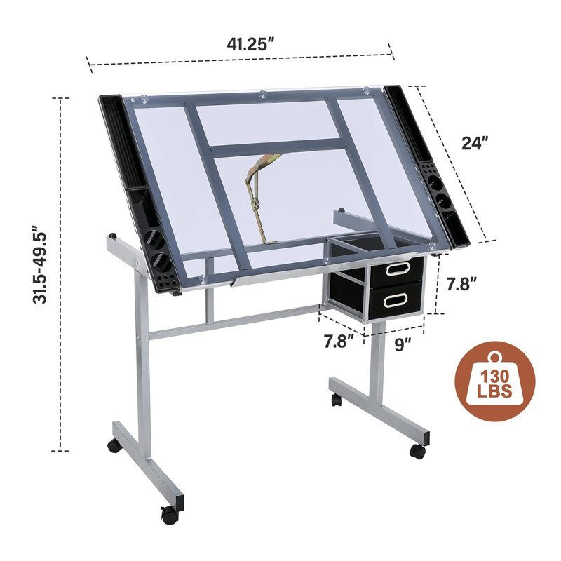 Tempered Glass Adjustable Rolling Drawing Drafting Table Professional Art Craft Work Station With 12