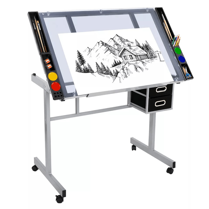 Tempered Glass Adjustable Rolling Drawing Drafting Table Professional Art Craft Work Station With 11