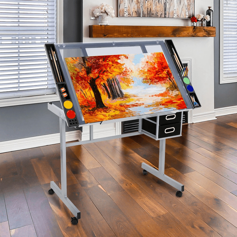 Tempered Glass Adjustable Rolling Drawing Drafting Table Professional Art Craft Work Station With 1
