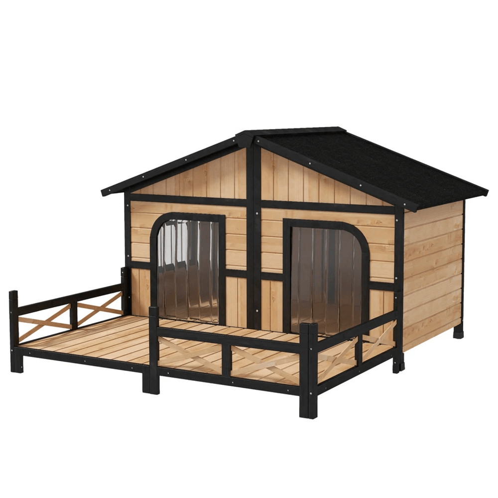 Wooden Elevated Backyard Dog House Kit All Weather Rustic Log Cabin Outdoor Pet Shelter For Small 3