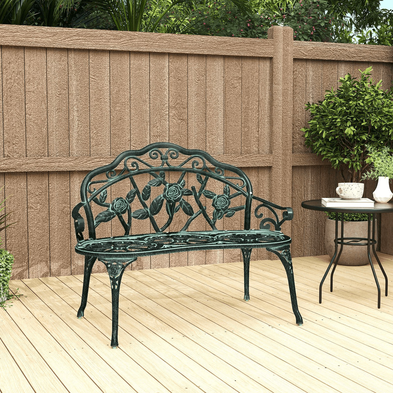 Antique Cast Aluminum Outdoor Patio Garden Bench Rose Design Park Yard Furniture WeatherResistant S 1