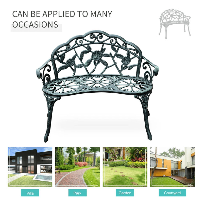 Antique Cast Aluminum Outdoor Patio Garden Bench Rose Design Park Yard Furniture WeatherResistant S 6