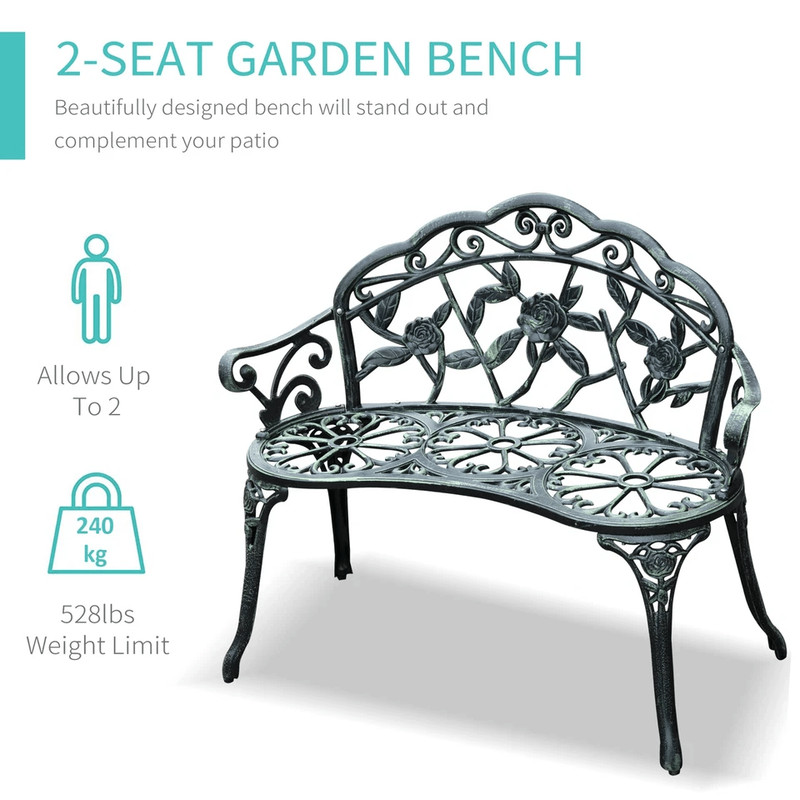Antique Cast Aluminum Outdoor Patio Garden Bench Rose Design Park Yard Furniture WeatherResistant S 7