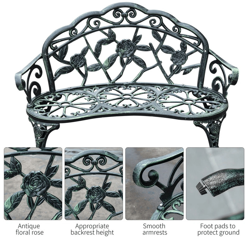 Antique Cast Aluminum Outdoor Patio Garden Bench Rose Design Park Yard Furniture WeatherResistant S 5