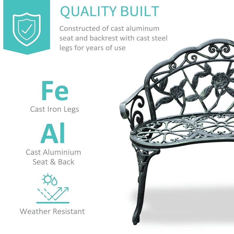 Antique Cast Aluminum Outdoor Patio Garden Bench Rose Design Park Yard Furniture WeatherResistant S 4