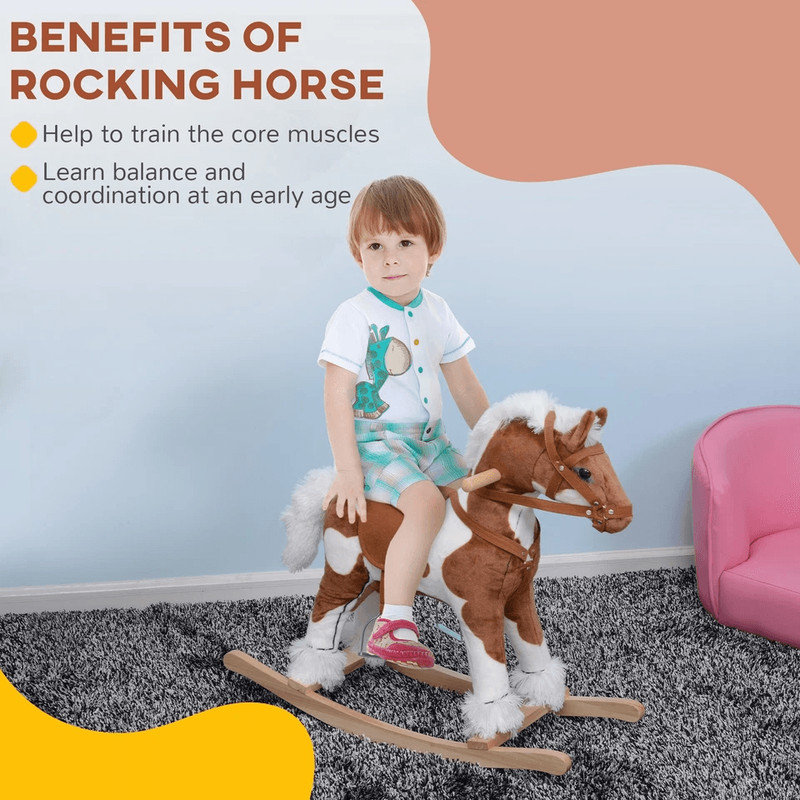 Plush Wood Kids Ride On Rocking Horse Toy Traditional Pony With Neigh Sound Safe Fun Toddler Gift 8