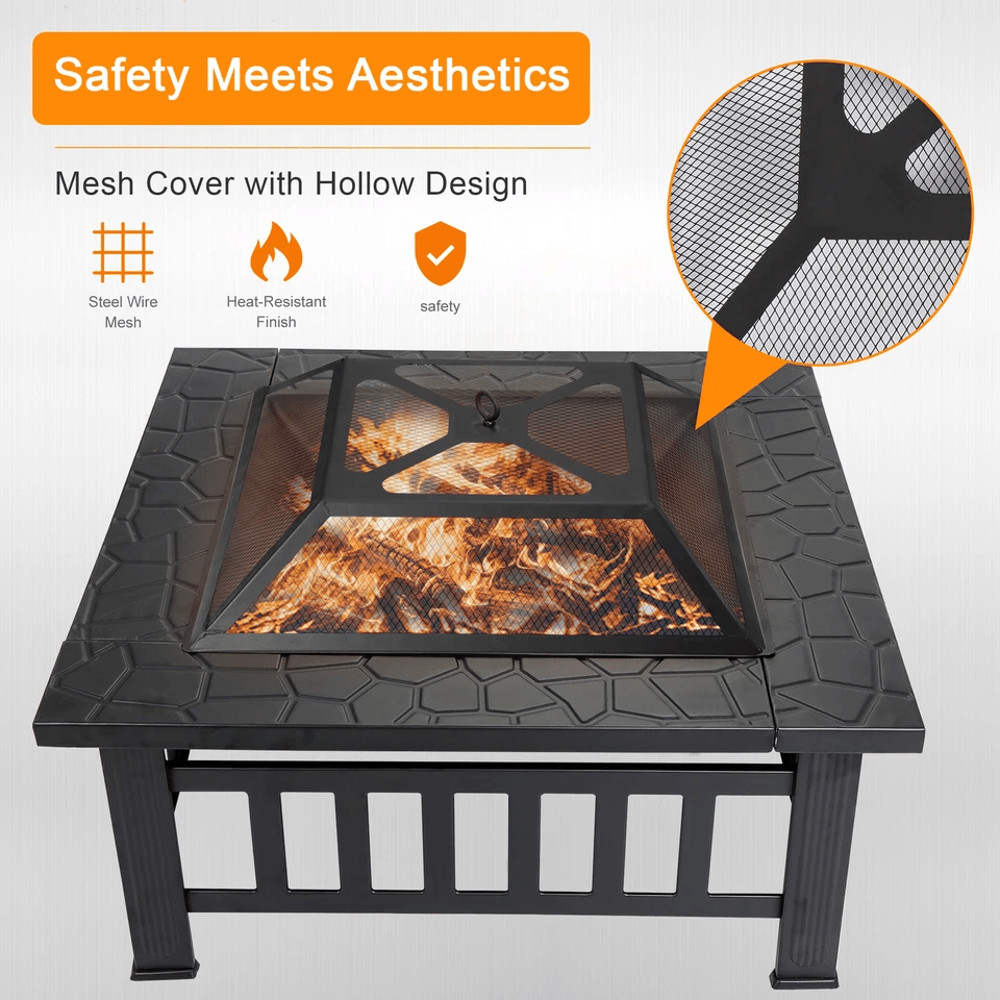 Outdoor Square Metal Firepit With Mesh Cover Patio Garden Stove 1