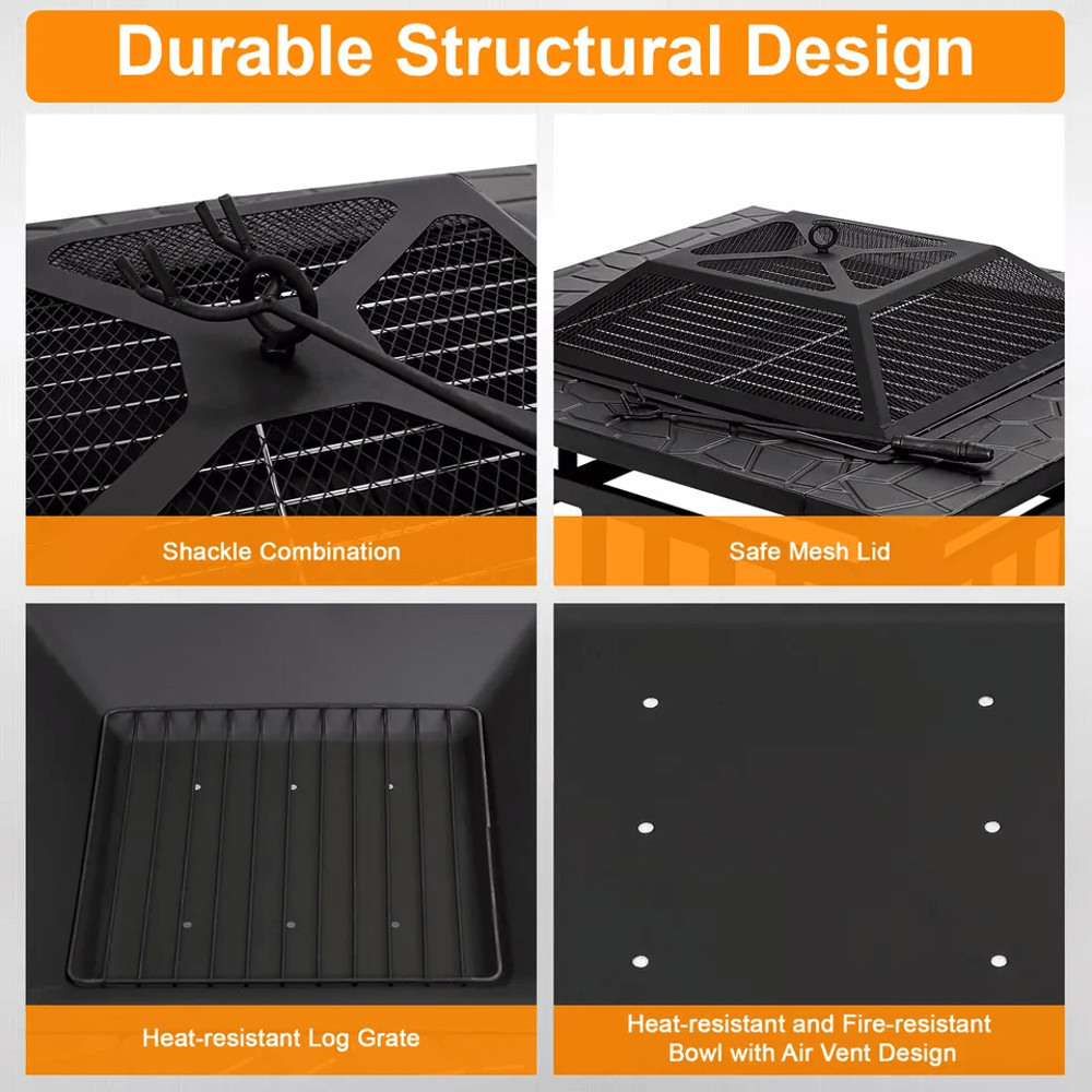 Outdoor Square Metal Firepit With Mesh Cover Patio Garden Stove 4