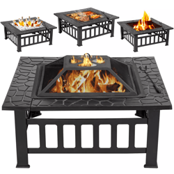 outdoor square metal firepit with mesh cover, patio & garden stove