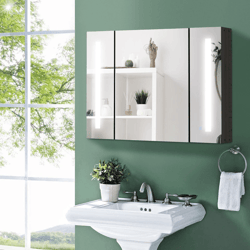 led medicine cabinet wall-mounted bathroom mirror with doors, high gloss black storage vanity, modern lighted bathroom
