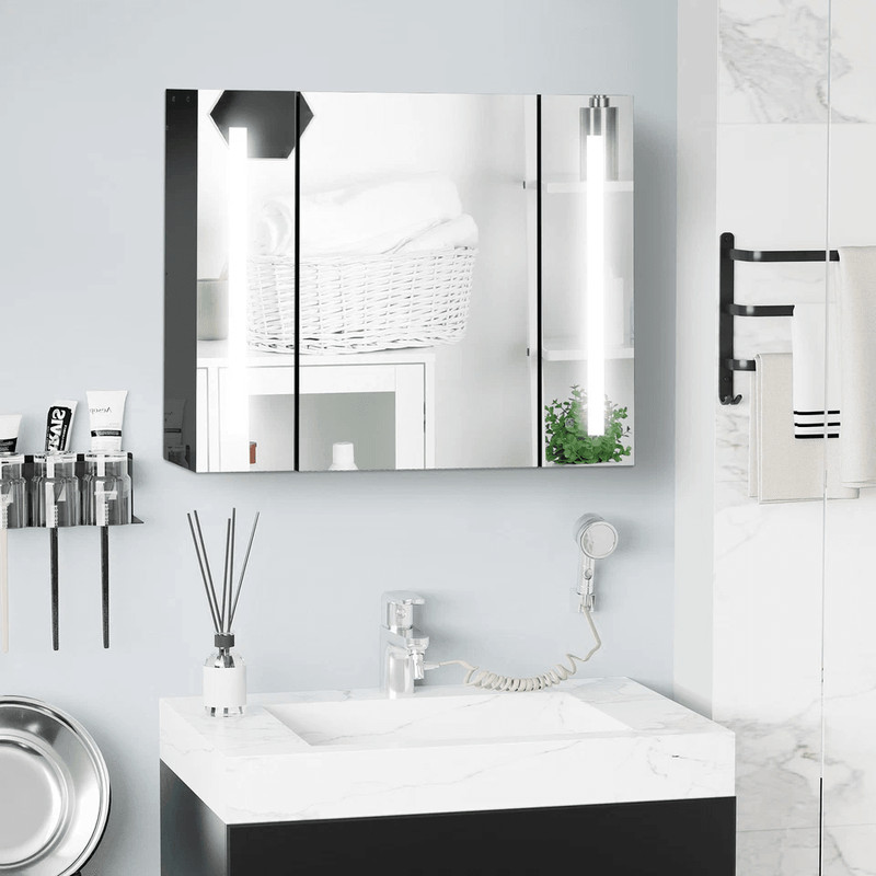 LED Medicine Cabinet WallMounted Bathroom Mirror With Doors High Gloss Black Storage Vanity Modern 8