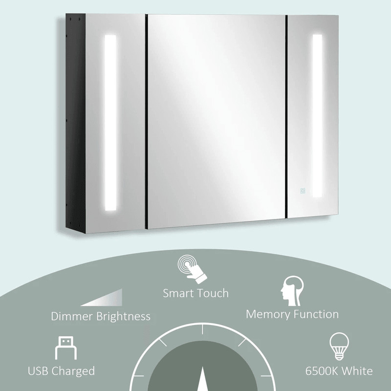 LED Medicine Cabinet WallMounted Bathroom Mirror With Doors High Gloss Black Storage Vanity Modern 3