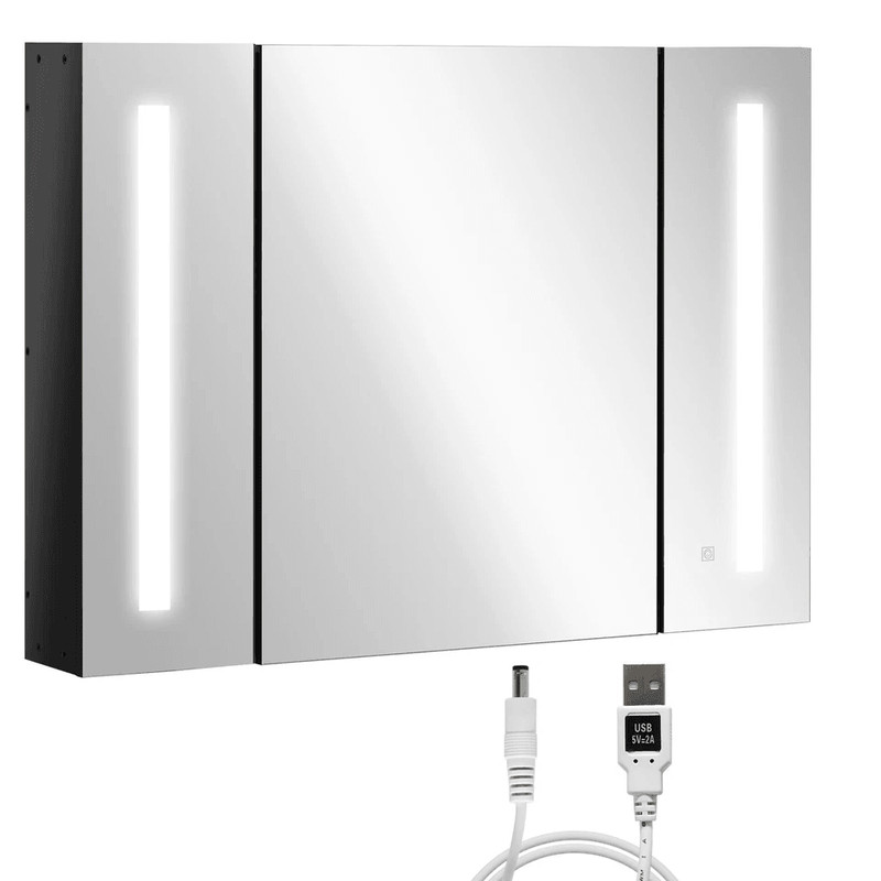 LED Medicine Cabinet WallMounted Bathroom Mirror With Doors High Gloss Black Storage Vanity Modern 9
