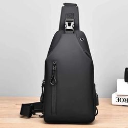 solid color men chest bag with usb charging port, casual nylon one shoulder crossbody bag for outdoor travel & everyday