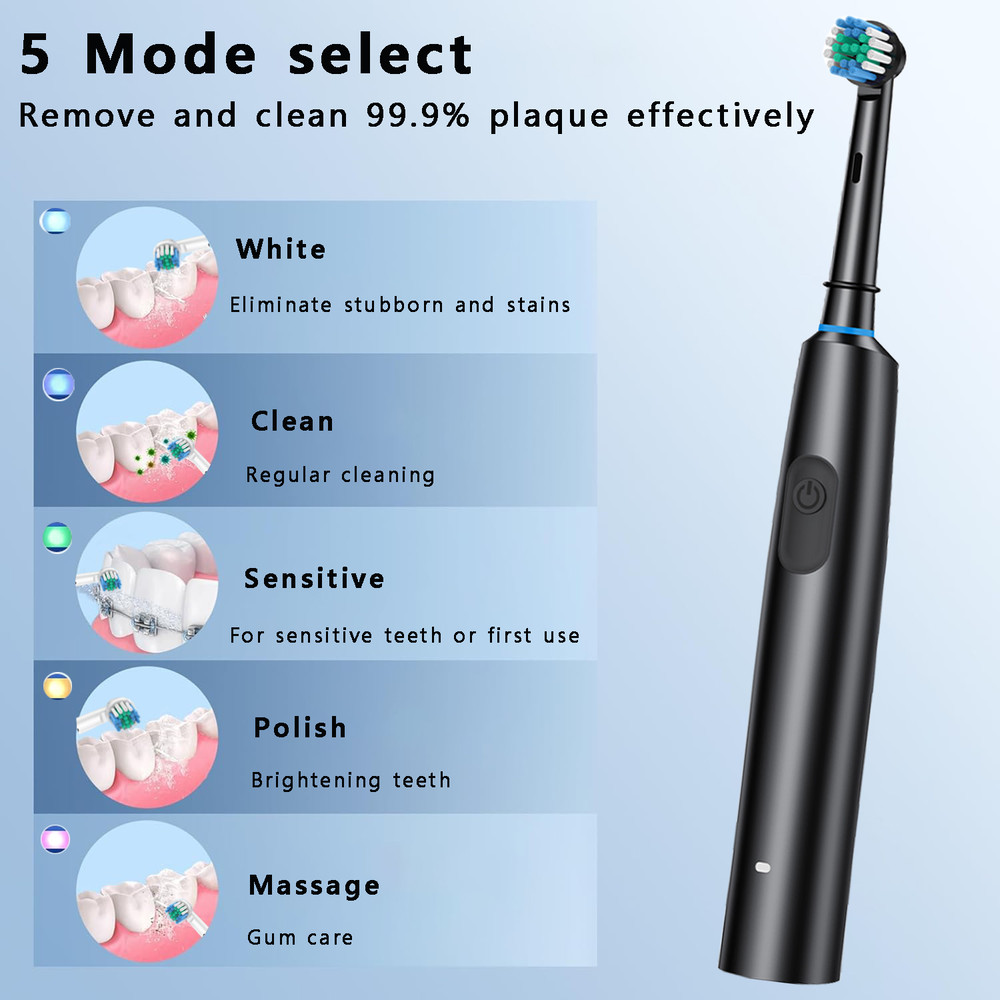 Rechargeable Electric Tooth Brush for Adults, Rotary Cleaning with 8 Brush Heads, 5 Modes, Long-Lasting Battery Power