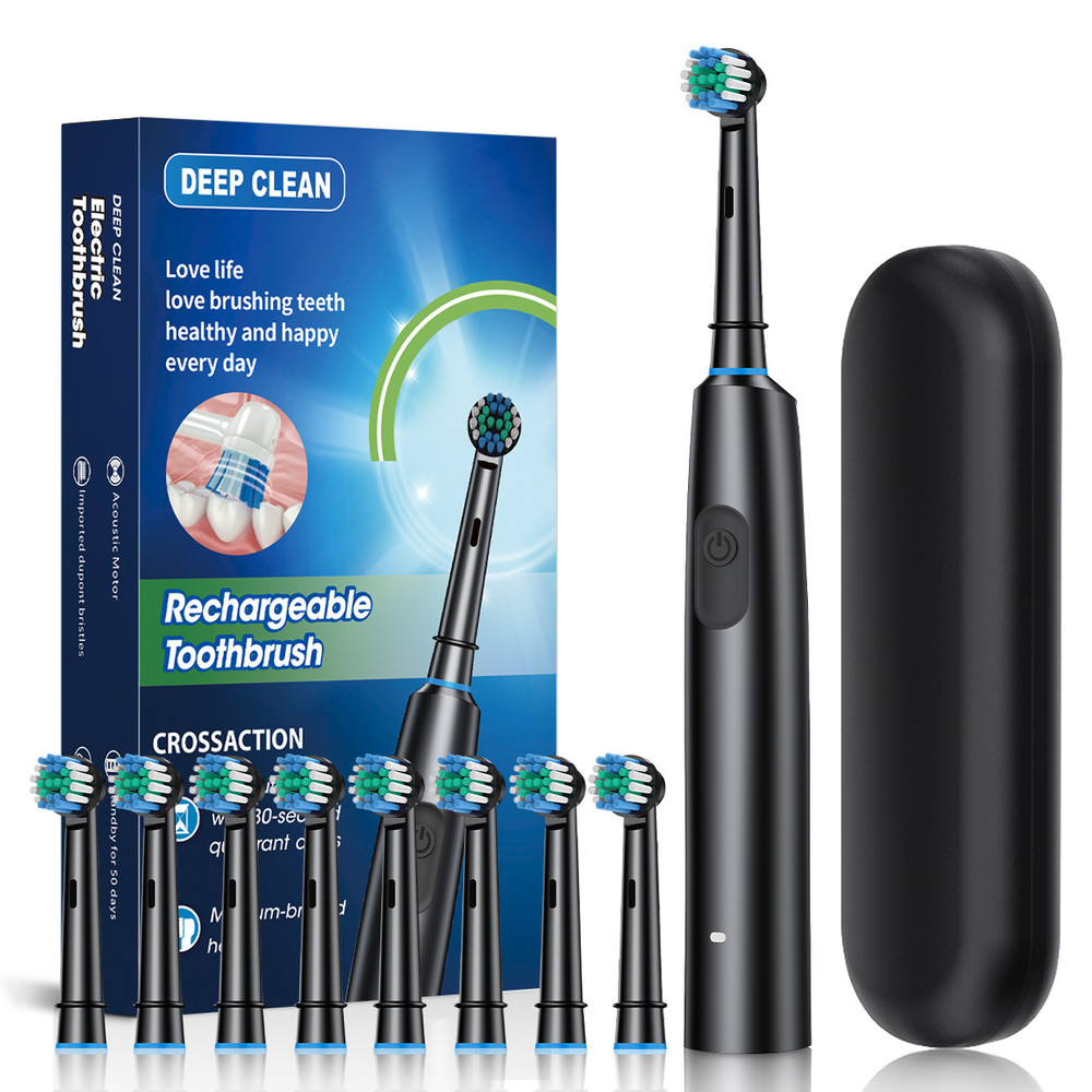 Rechargeable Electric Tooth Brush for Adults, Rotary Cleaning with 8 Brush Heads, 5 Modes, Long-Lasting Battery Power