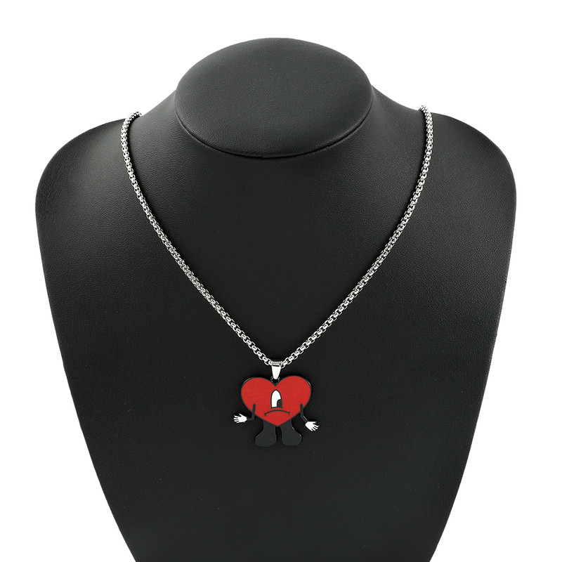 Bad Bunny Cosplay Necklace with Red Heart Pendant, Trendy Bad Rabbit Chain Jewelry Accessory, Cute Gift for Fans & Music