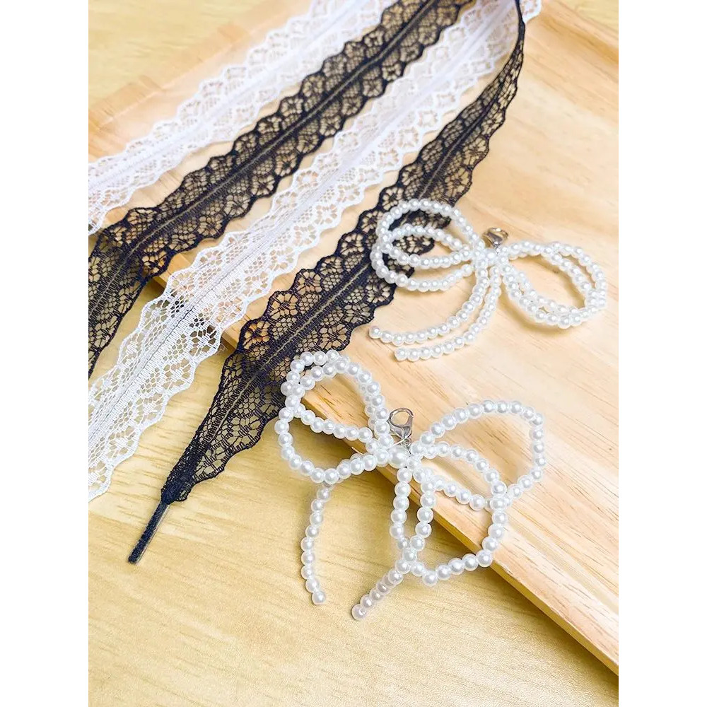 Wide Fancy Lace Shoelaces for Women Sneakers, Flat Decorative Shoe Laces for Casual Shoes, White & Black Footwear