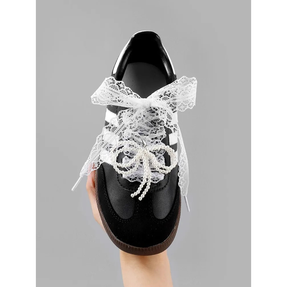 Wide Fancy Lace Shoelaces for Women Sneakers, Flat Decorative Shoe Laces for Casual Shoes, White & Black Footwear