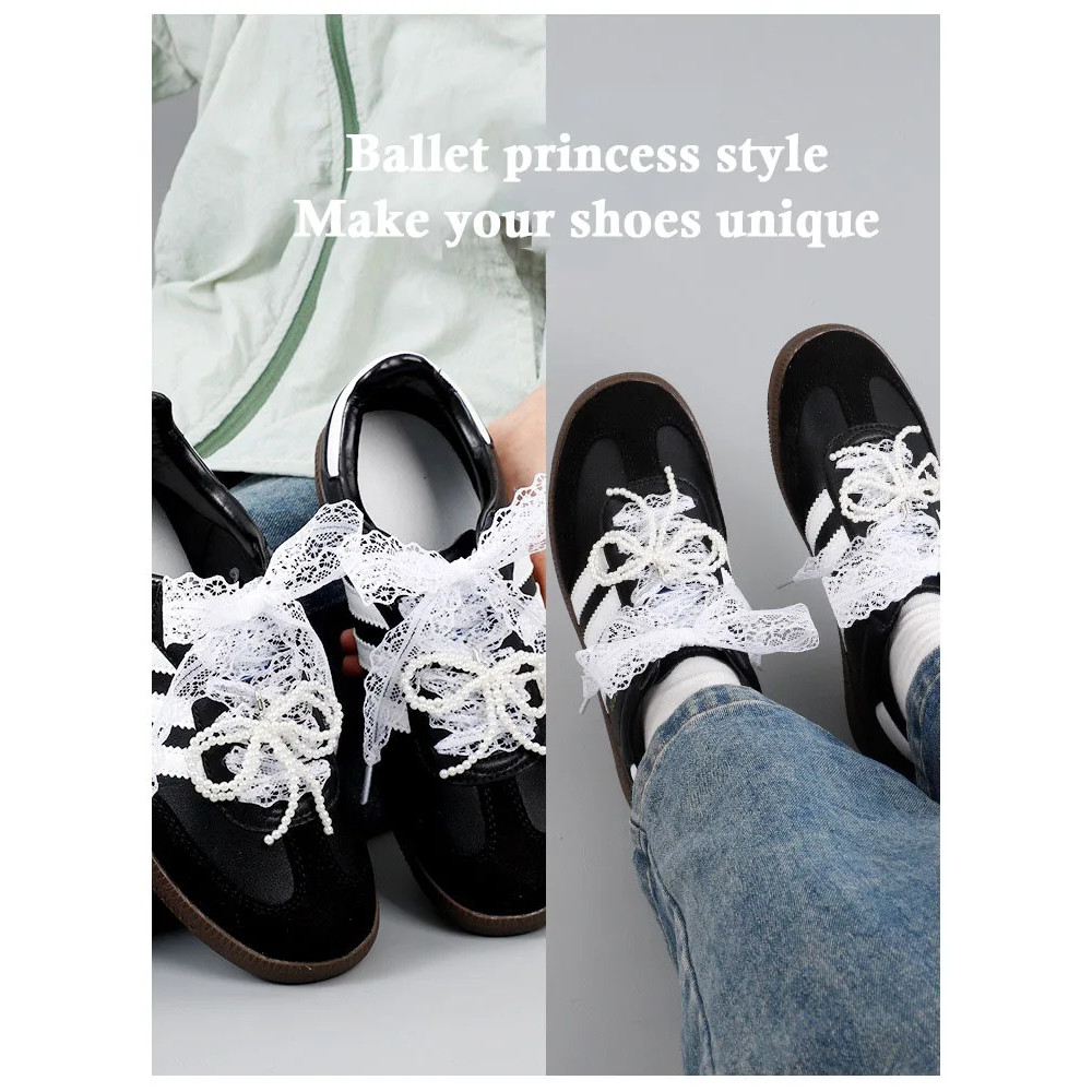 Wide Fancy Lace Shoelaces for Women Sneakers, Flat Decorative Shoe Laces for Casual Shoes, White & Black Footwear