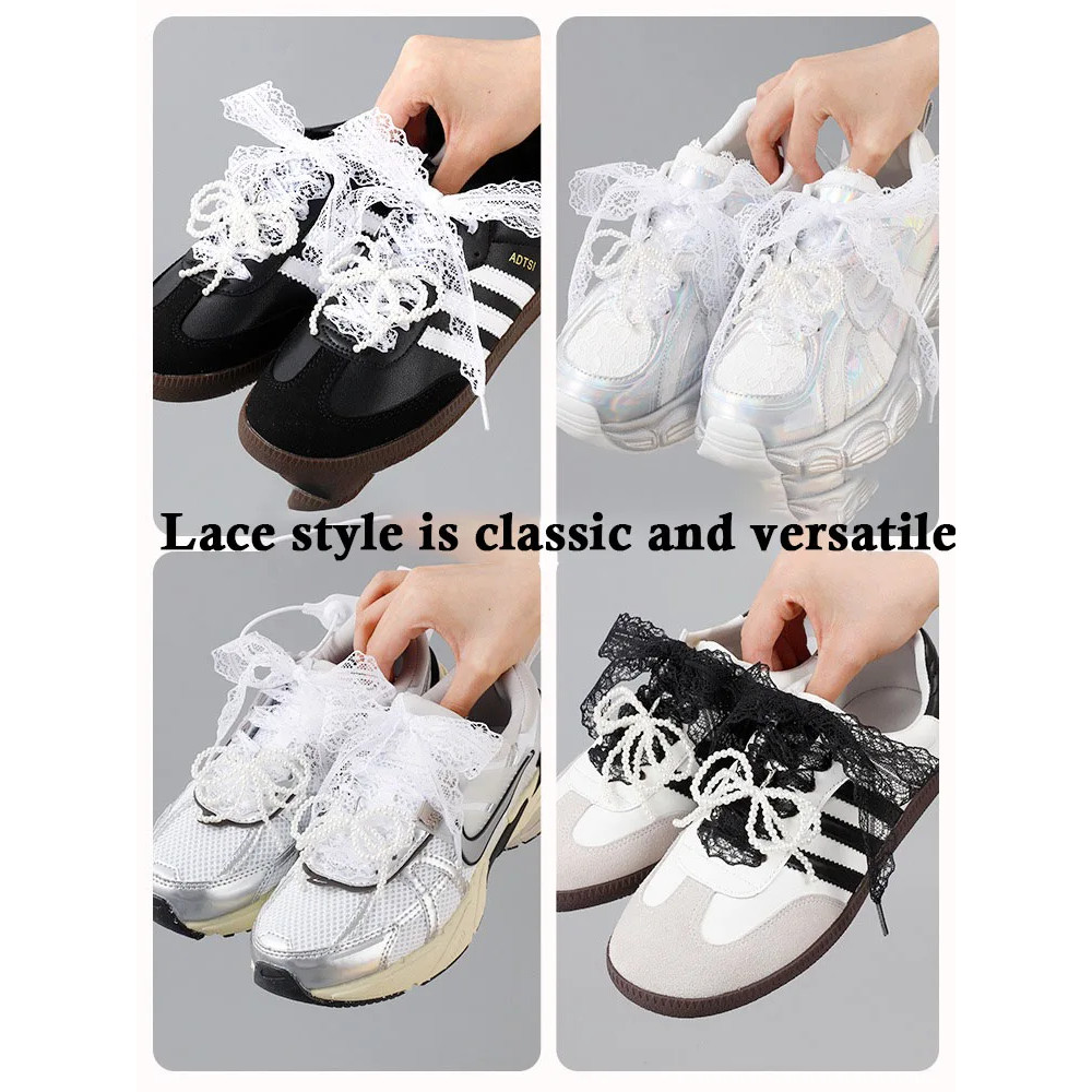 Wide Fancy Lace Shoelaces for Women Sneakers, Flat Decorative Shoe Laces for Casual Shoes, White & Black Footwear