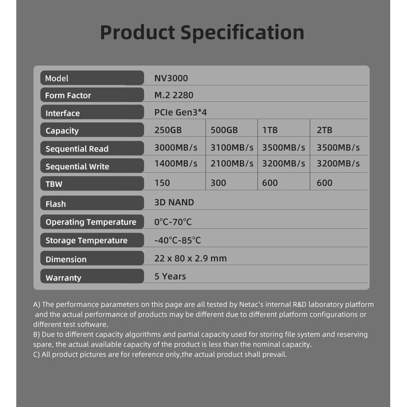 Netac NV3000 NVMe Internal Solid State Drive Speed Disk for Laptops Desktops