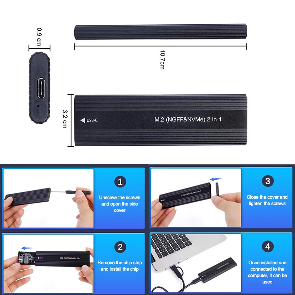 NVME M.2 SSD Enclosure 10Gbps Aluminum Case for Solid State Drive External Adapter