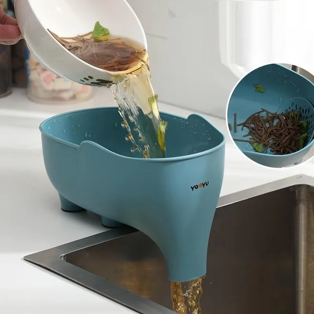 Plastic Drainage Bowl for Kitchen, Multi Functional Filter Basket, Cute Elephant Shaped Strainer Organizer
