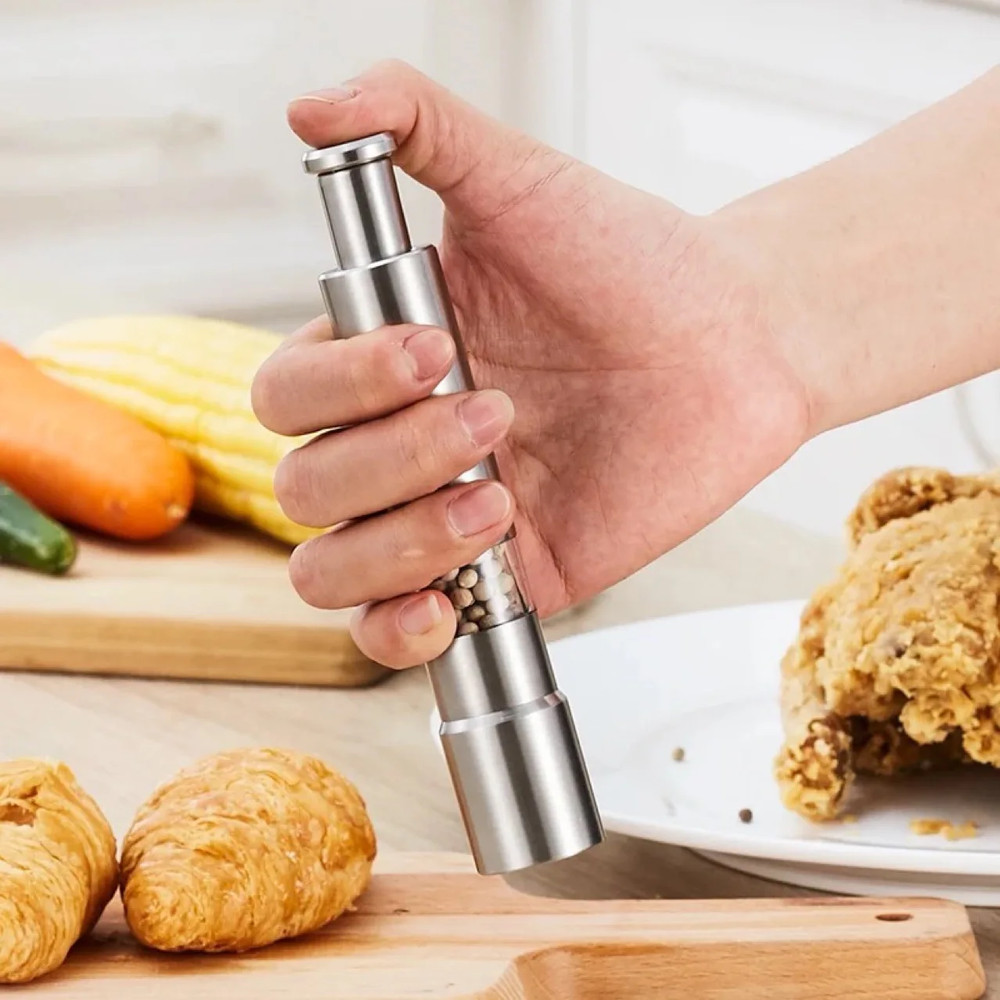 Manual Pepper Mill Salt Shaker, Novelty Thumb Push Grinder, Portable Stainless Steel Spice Mill for Barbecue and Kitchen