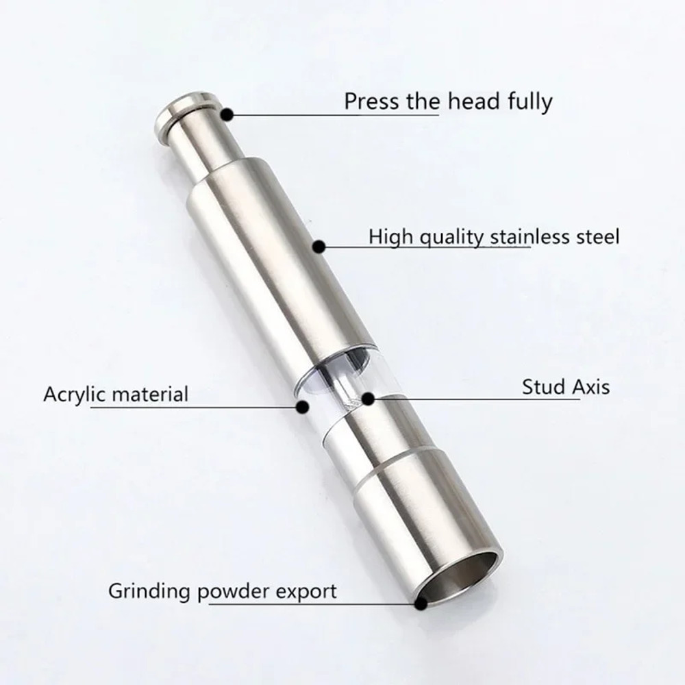Manual Pepper Mill Salt Shaker, Novelty Thumb Push Grinder, Portable Stainless Steel Spice Mill for Barbecue and Kitchen