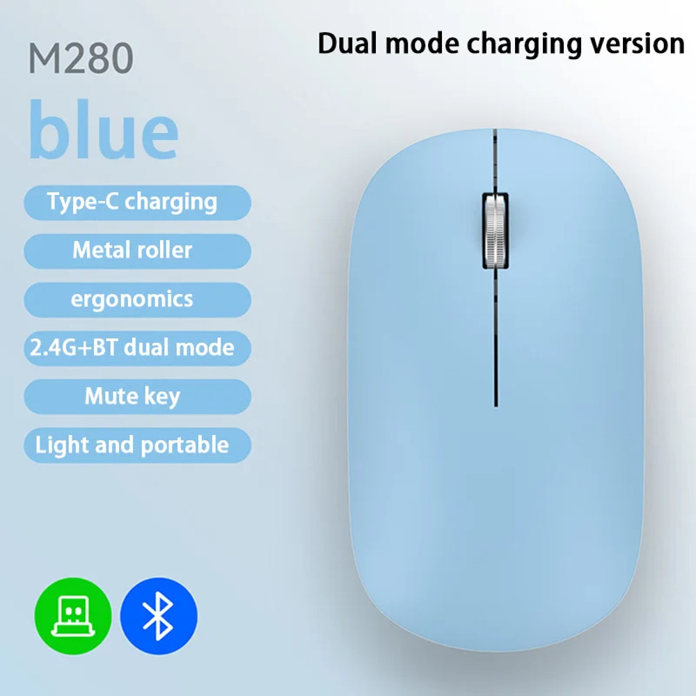 DPI Adjustable Wireless Bluetooth Mouse Dual Mode, 2.4G Type-C Rechargeable, Silent Ergonomic Portable Mouse