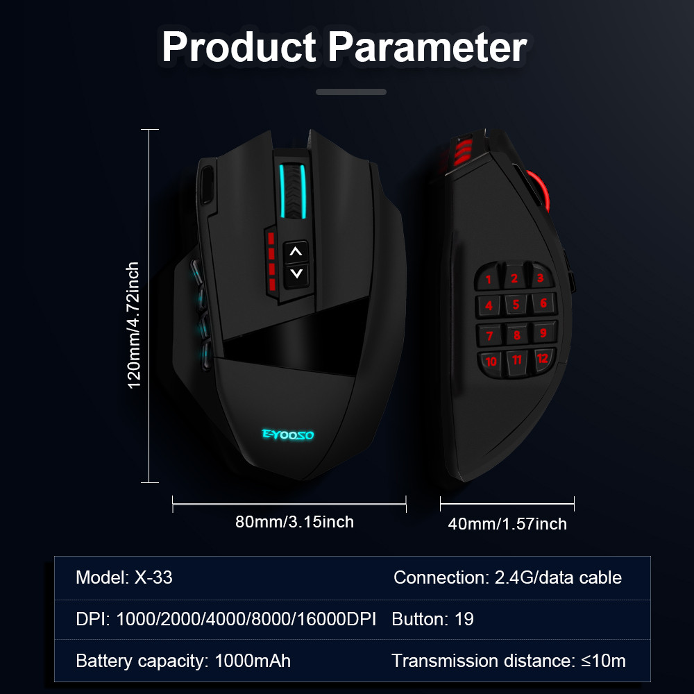 RGB Wireless Gaming Mouse 16000 DPI USB 2.4G, 16 Programmable Buttons, Optical Game Mice for Laptop PC