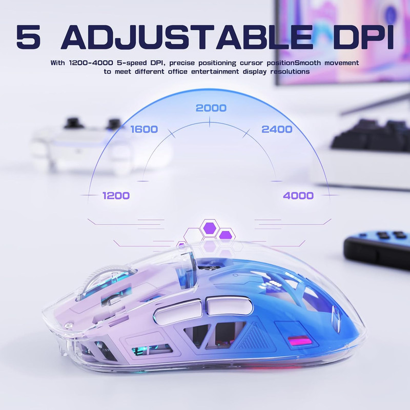 A2 Transparent RGB Wireless Gaming Mouse, BT , 2.4G, Digital Display, Rechargeable, PixArt Sensor, Adjustable DP
