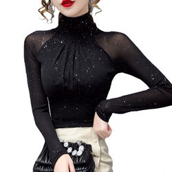 korean fashion mesh top, high neck black bottoming t shirt, sexy casual lady blusa