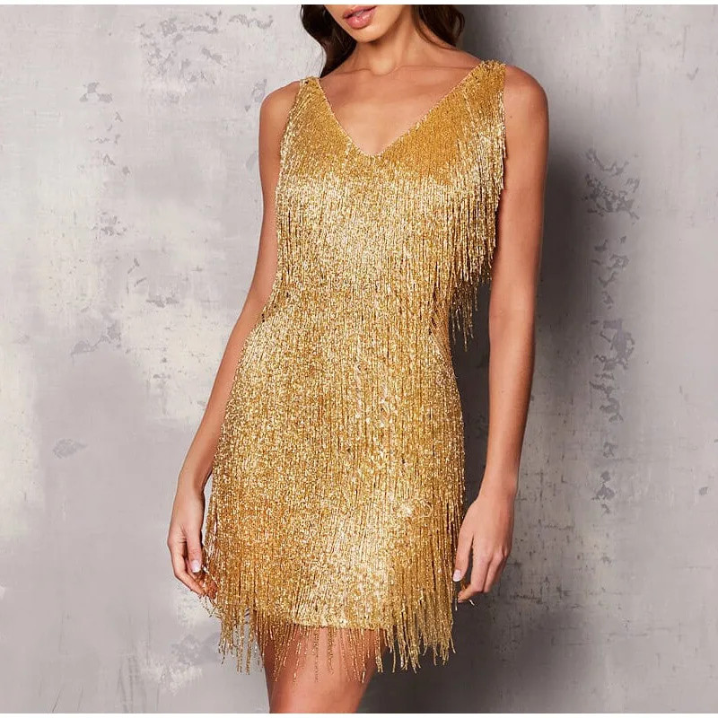 2025 Sexy Feather Sequins Tassel Mini Dress, Spaghetti Strap Evening Club Dress for Women Elegant Stitching