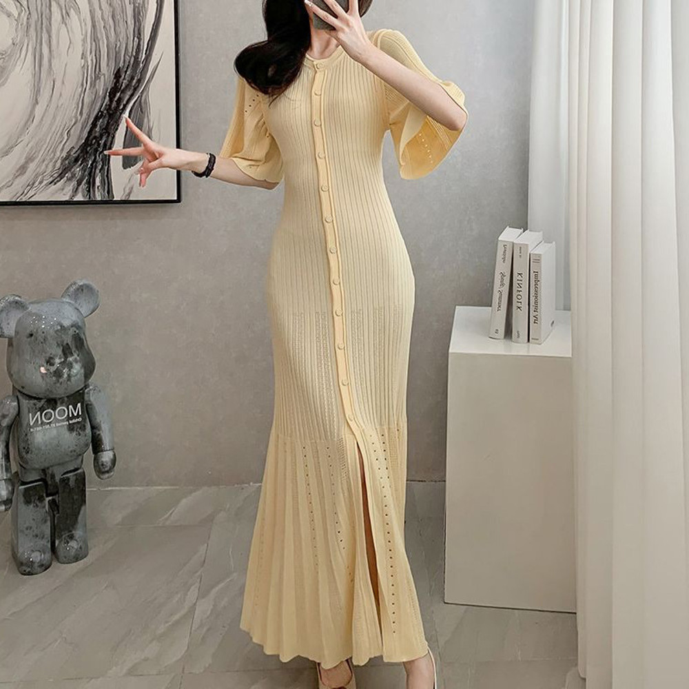 Summer Spring French Elegant Fragrance High-end Slimming Knitted Mermaid Dress, Hollow Fish Tail Knit Slimming Dress