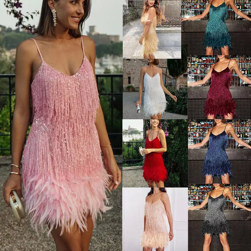 Summer Colorful Feather Patchwork Sleeveless Dress, Fashionable Sequins Framed Amazon Direct Sales Women