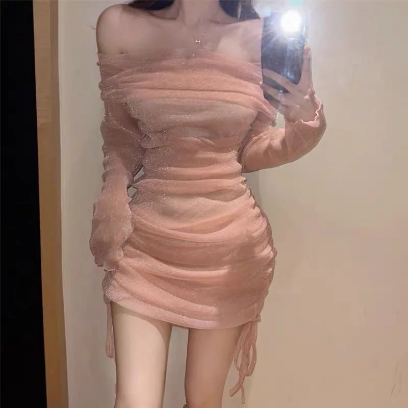 Sexy Mesh Off Shoulder Strapless Dress for Women, Slimming Hip Covering Gown New Arrival Early Autumn