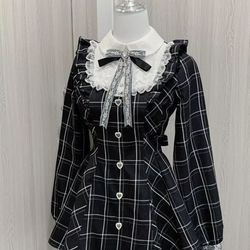 harajuku sweet bow black plaid dresses, kawaii lolita dress for women, slim fit autumn long sleeve