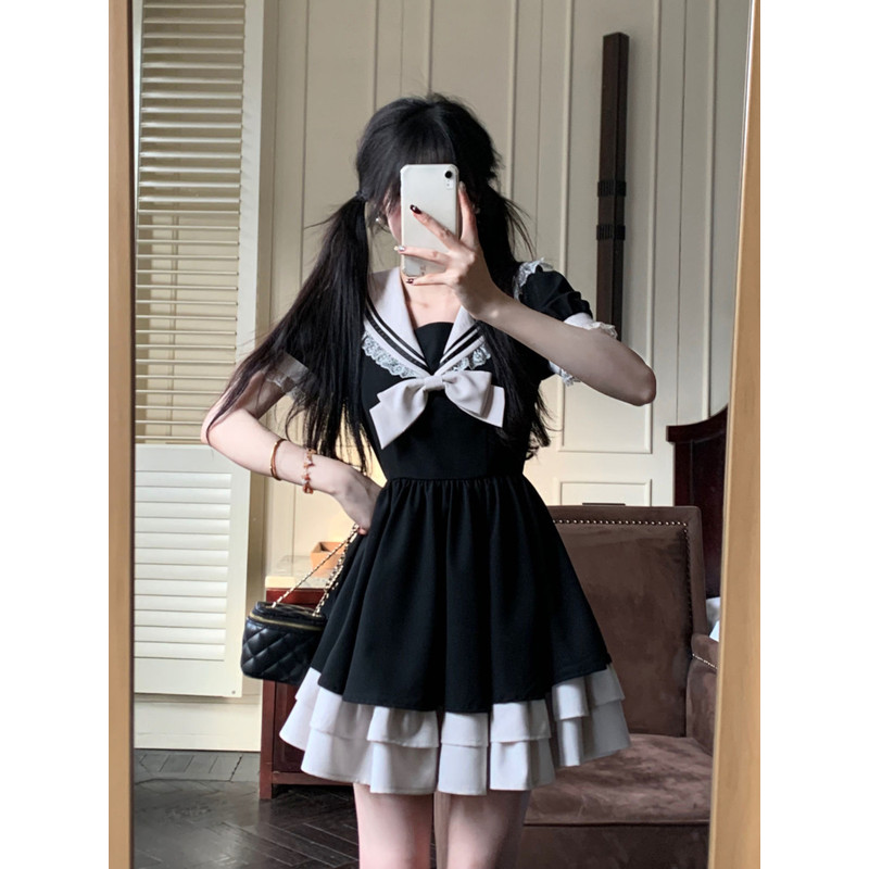 Harajuku Sweet Bow Black Plaid Dresses, Kawaii Lolita Dress for Women, Slim Fit Autumn Long Sleeve