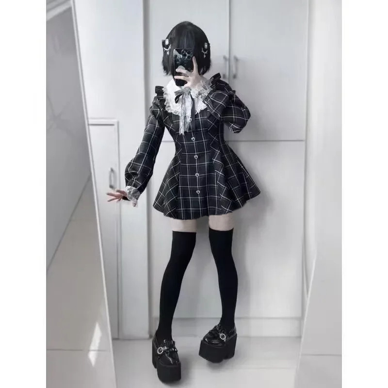 Harajuku Sweet Bow Black Plaid Dresses, Kawaii Lolita Dress for Women, Slim Fit Autumn Long Sleeve